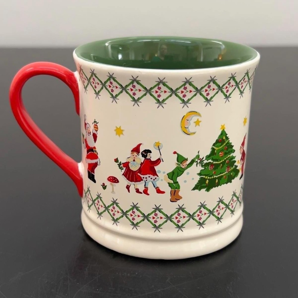 Cath Kidston Christmas Mug Cream Red Green Santa Elves Holiday Coffee‎ Cup 12oz